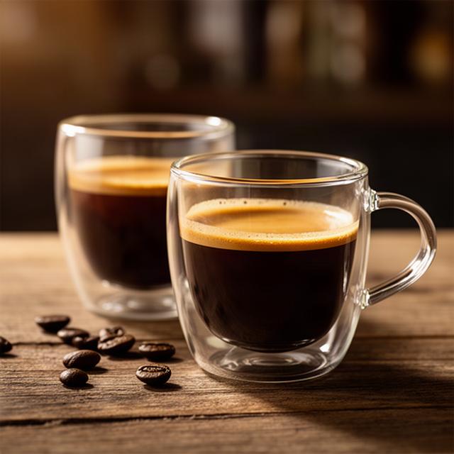 Doppelwandige Espressogläser mit dunklem Espresso auf einem Holztisch