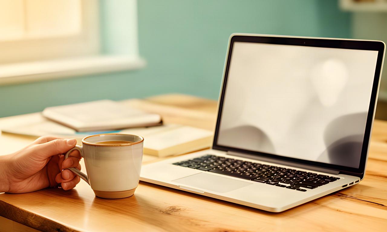 Hand mit Kaffeetasse neben einem Laptop mit geöffneter Datenschutzerklärung auf einem Holztisch
