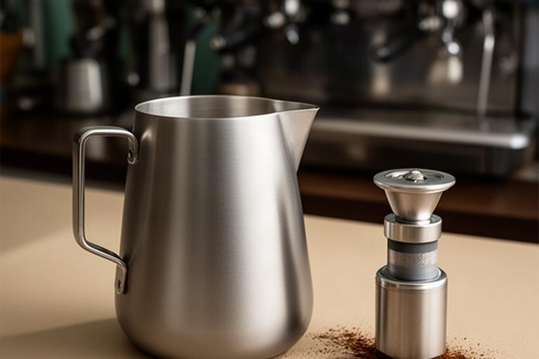 Mattes Milchkännchen und Verteilwerkzeug auf einer Barista-Arbeitsfläche
