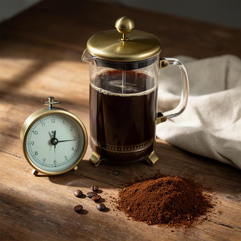 French Press mit dunklem Kaffee, Timer und grob gemahlenen Bohnen auf einem Holztisch