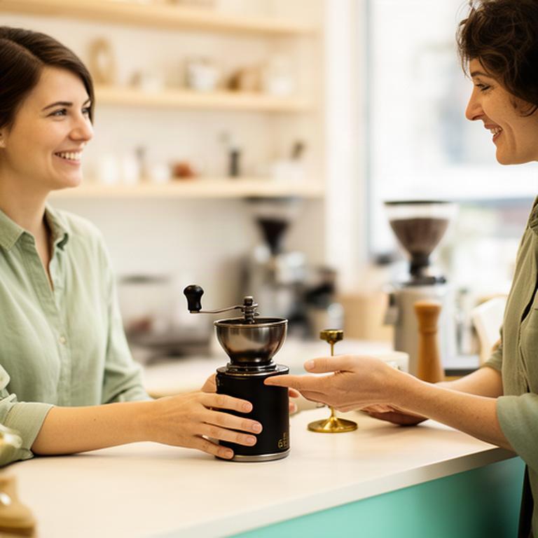 Beratung zu einer Kaffeemühle an einer hellen Verkaufstheke in Landquart