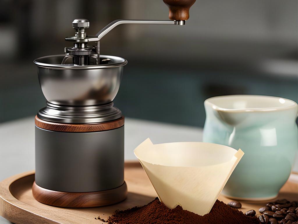 Kaffeemühle mit Mahlgradskala und frisch gemahlenem Kaffee neben einem Filter