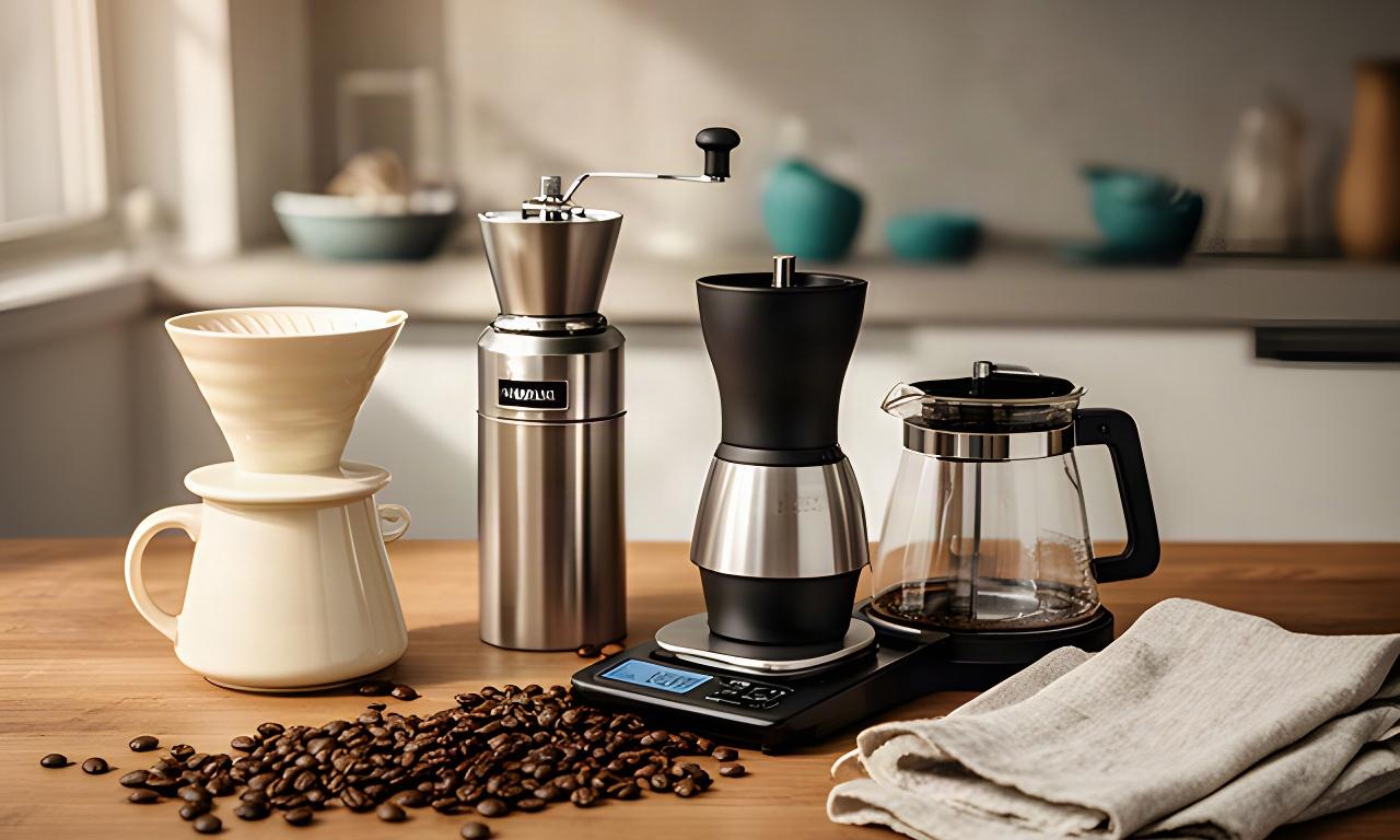 Auswahl an Kaffeezubehör auf einer Holzarbeitsfläche mit Handfilter, Mühle und Waage