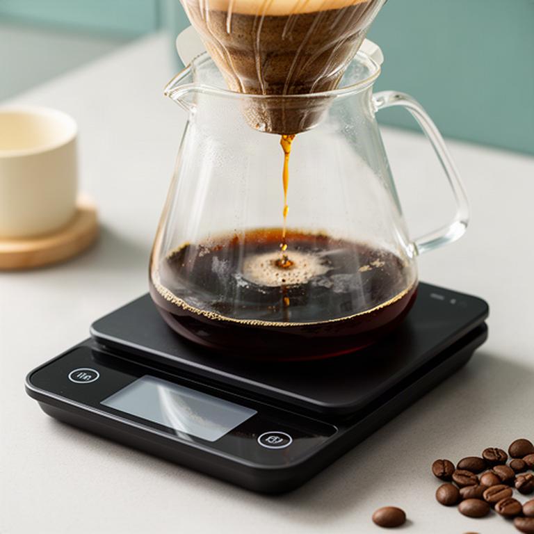 Digitale Kaffeewaage unter einer Filterkaffeekanne mit präzise abgemessenen Bohnen