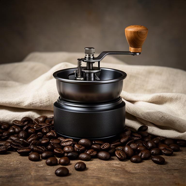 Manuelle Kaffeemühle mit dunklen Bohnen und gefaltetem Leinentuch